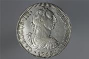 عملة إسبانية من الفضة باسم "كارلوس الثالث"، ضُربت عام 1786م 